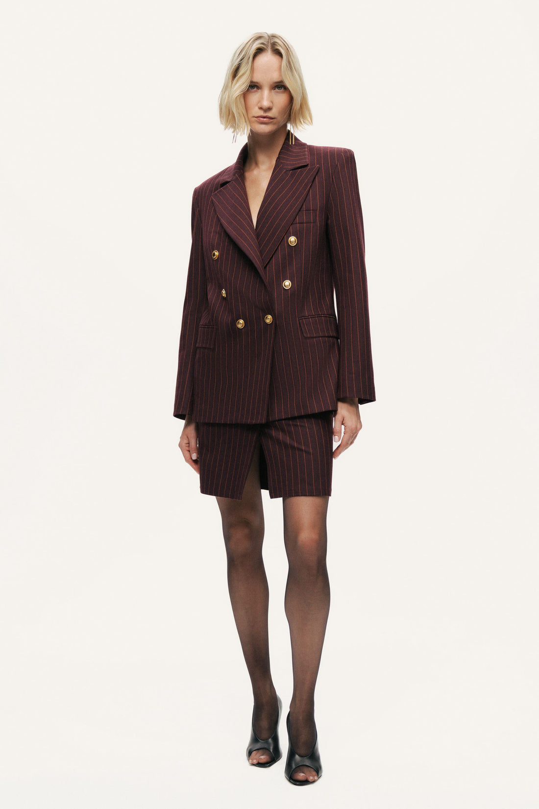 Pinstripe Belted Pencil Skirt