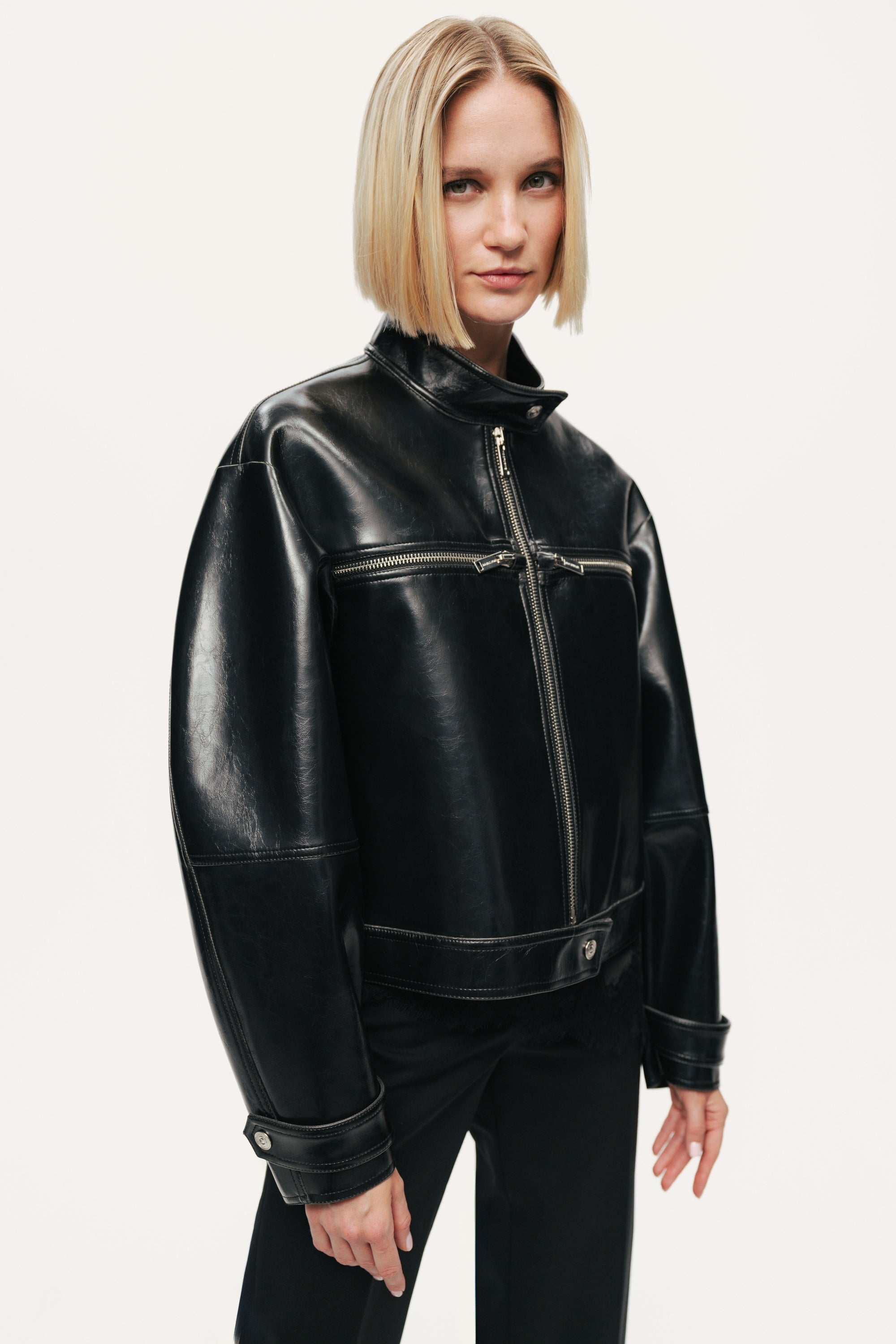 Cropped Faux Leather Biker Jacket – Nocturne
