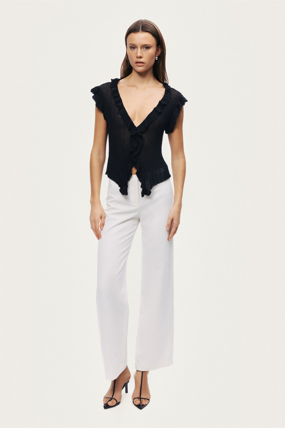 Ruffled V-Neck Sheer Blouse