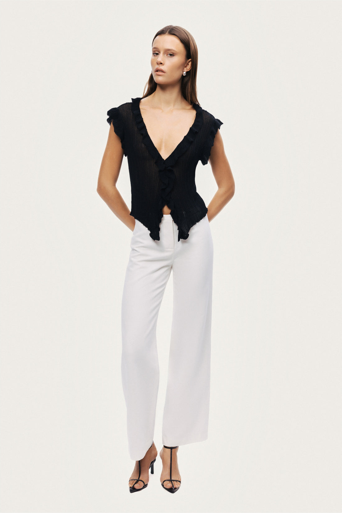 Ruffled V-Neck Sheer Blouse