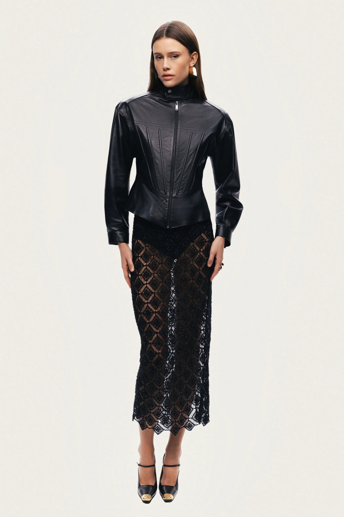 Zip-Front Fitted Leather Jacket