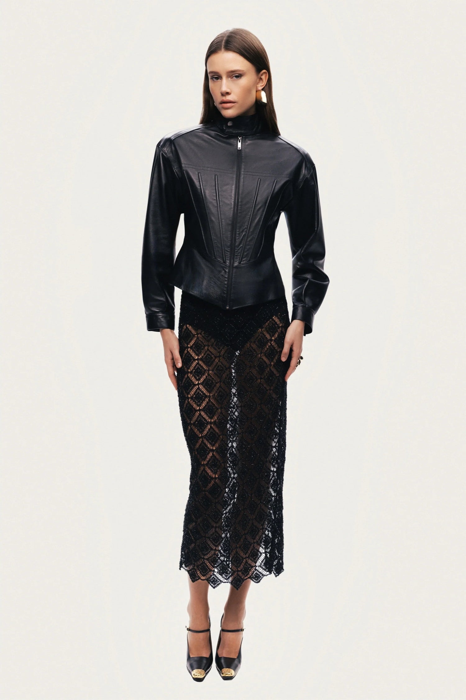 Zip-Front Fitted Leather Jacket