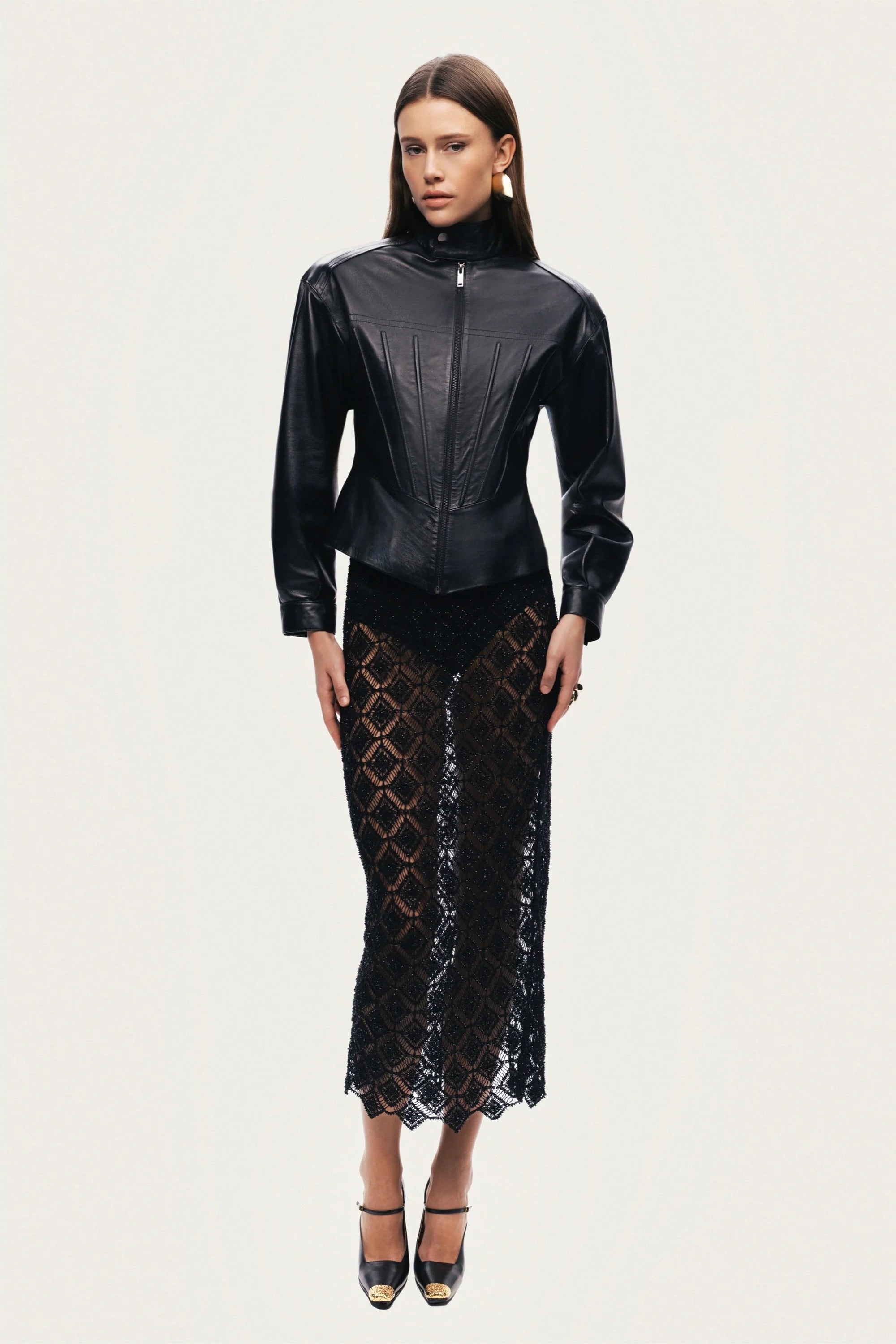 Zip-Front Fitted Leather Jacket