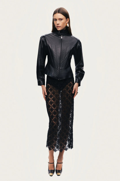 Zip-Front Fitted Leather Jacket