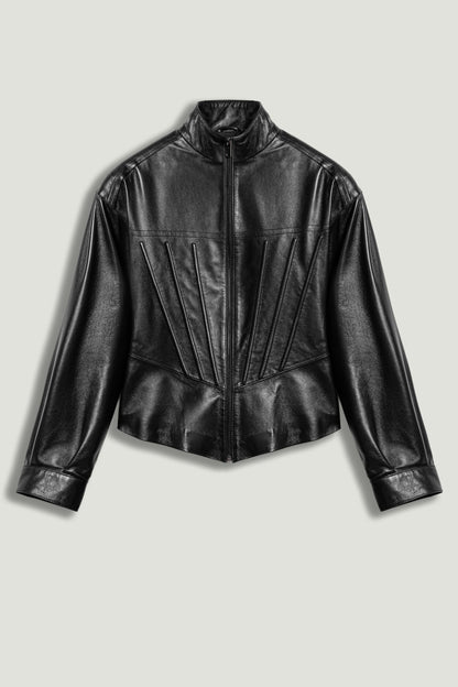 Zip-Front Fitted Leather Jacket