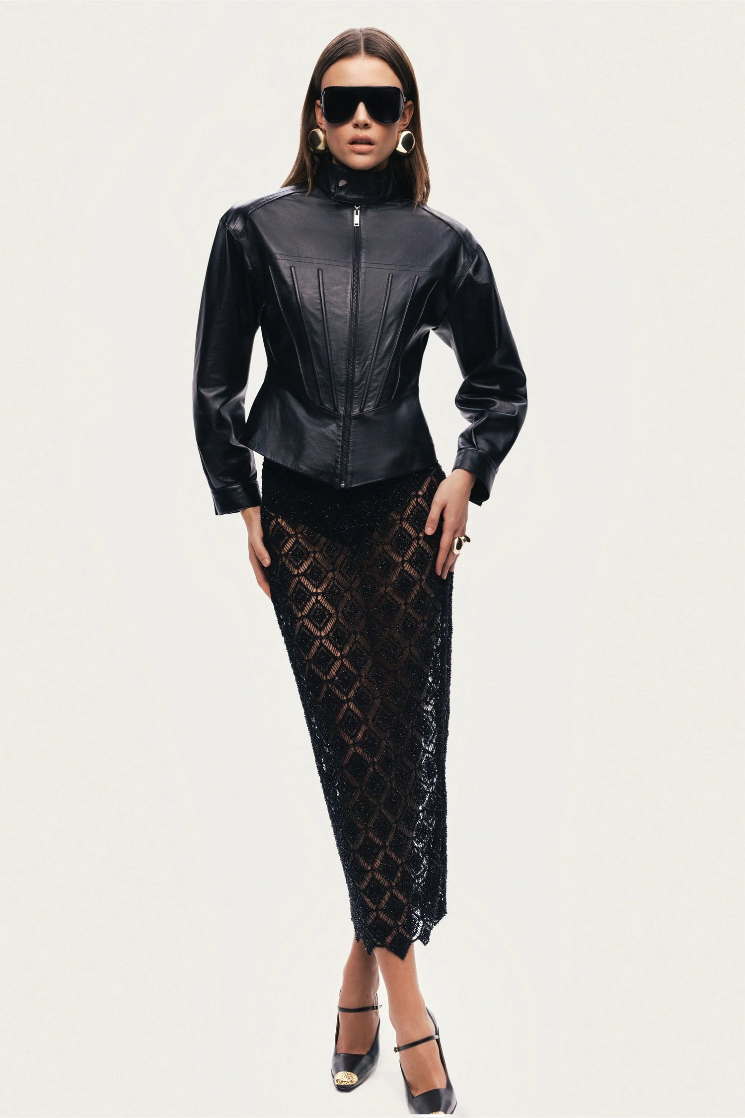 Zip-Front Fitted Leather Jacket