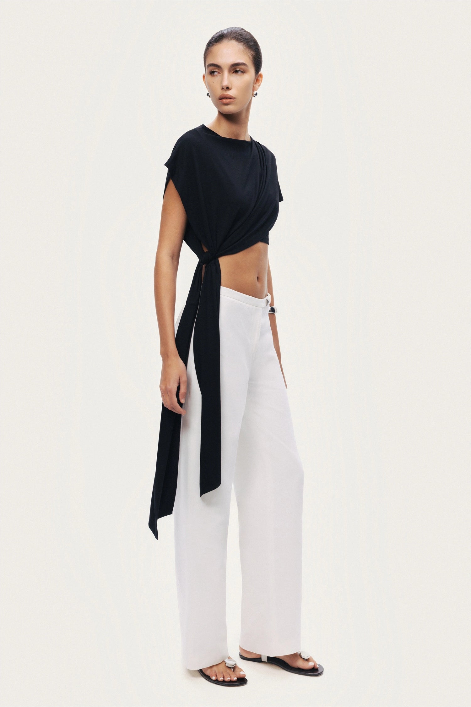 Black Asymmetric Tie-Detail Blouse