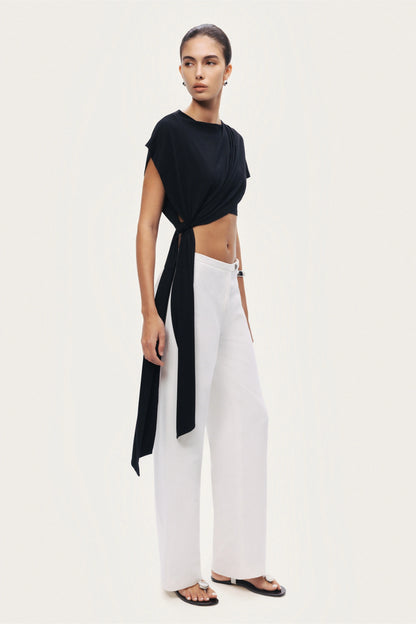 Black Asymmetric Tie-Detail Blouse