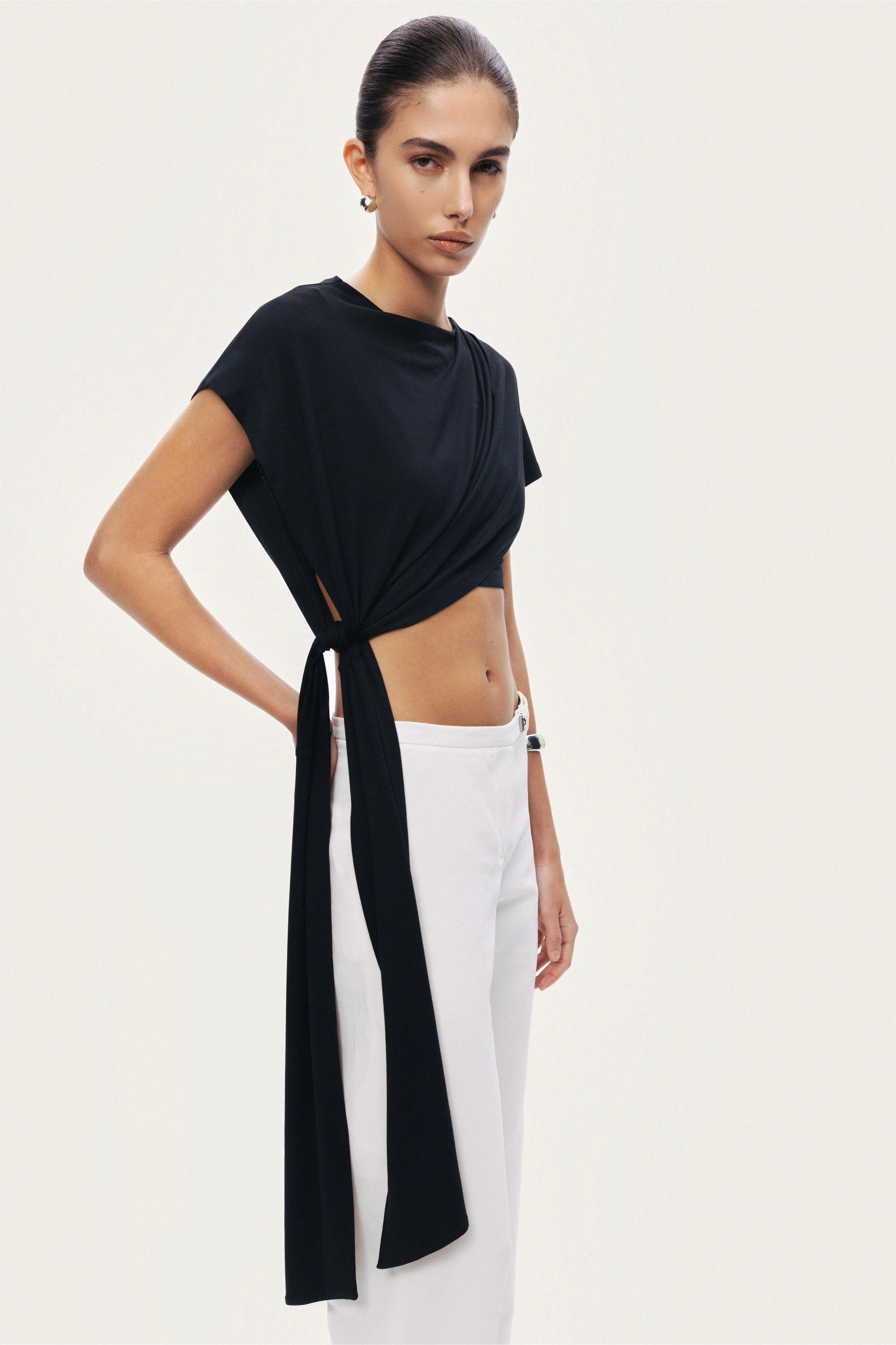 Black Asymmetric Tie-Detail Blouse