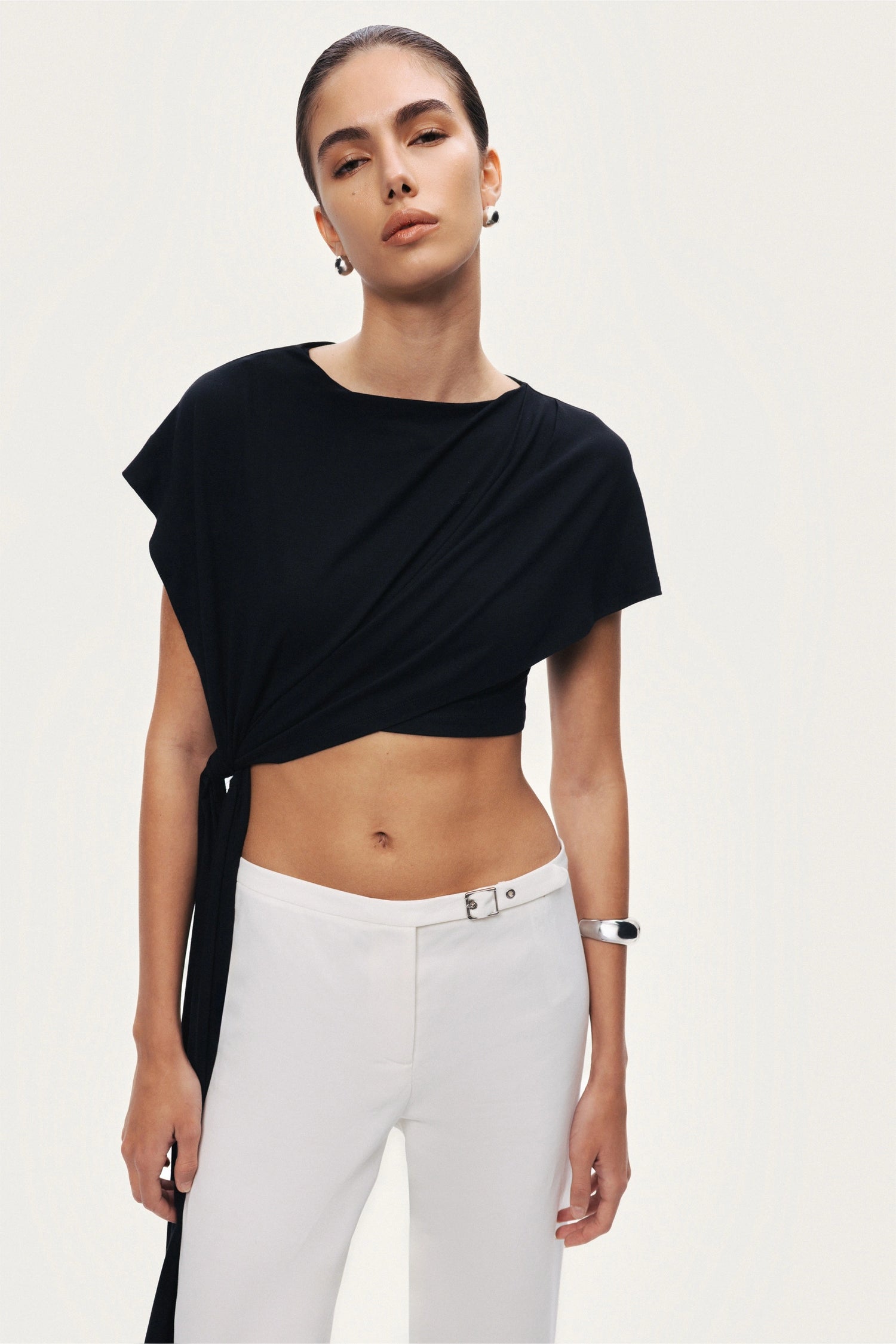 Black Asymmetric Tie-Detail Blouse