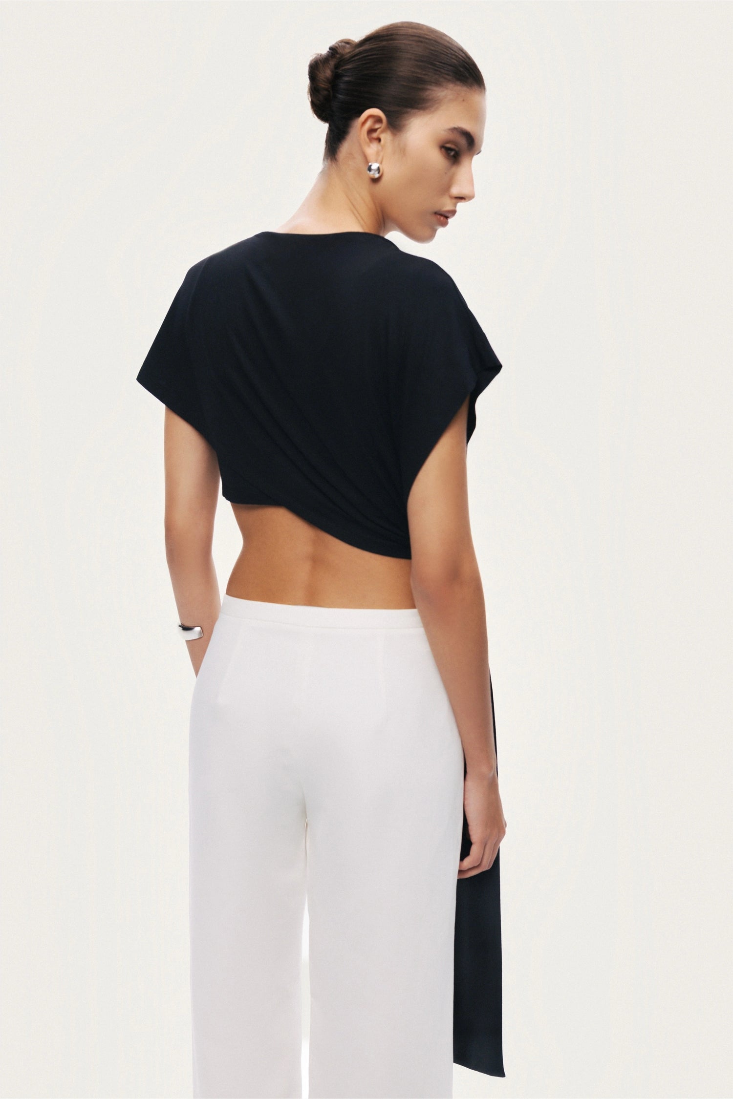 Black Asymmetric Tie-Detail Blouse