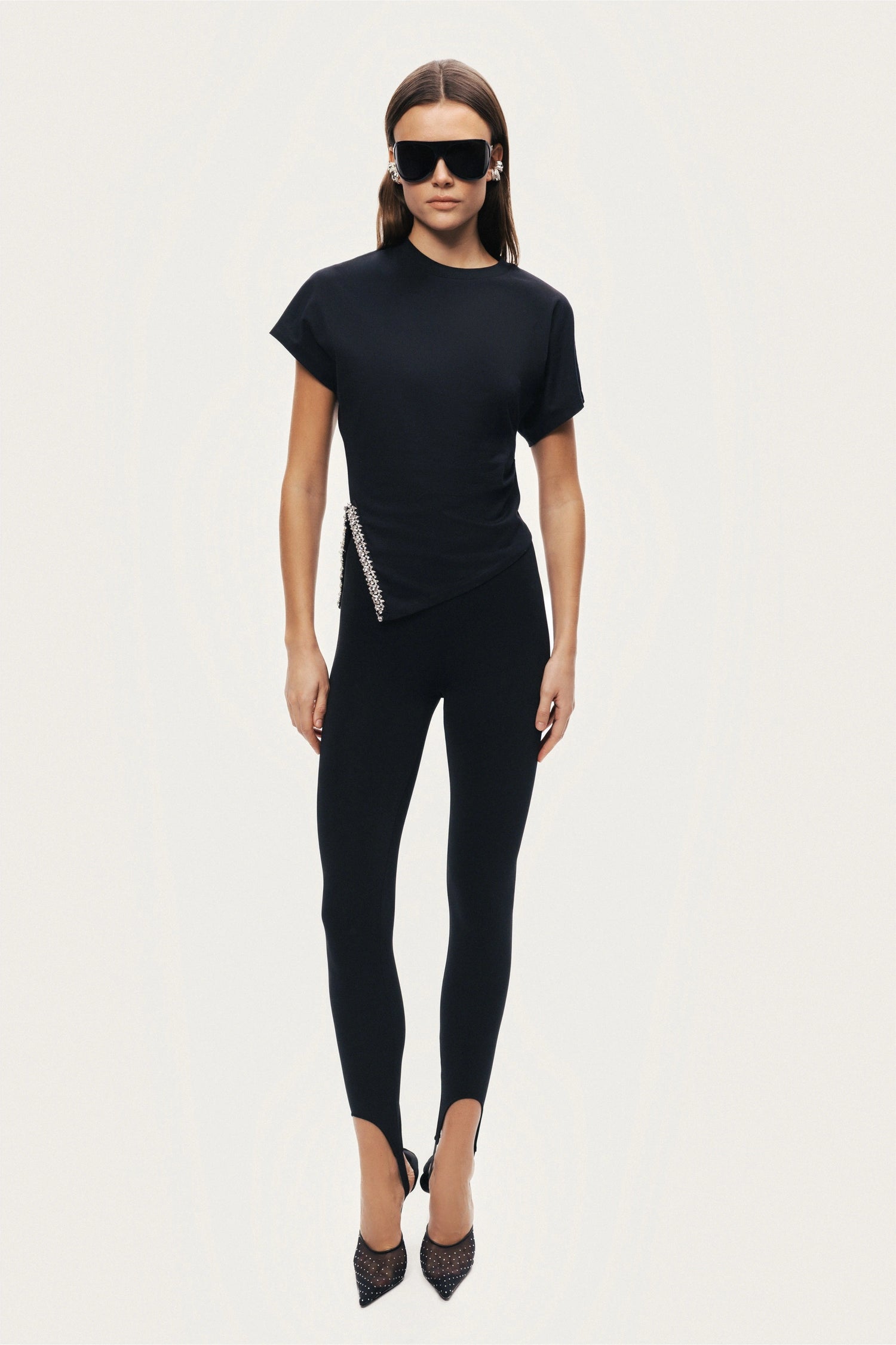 Black Embellished Asymmetric T-Shirt