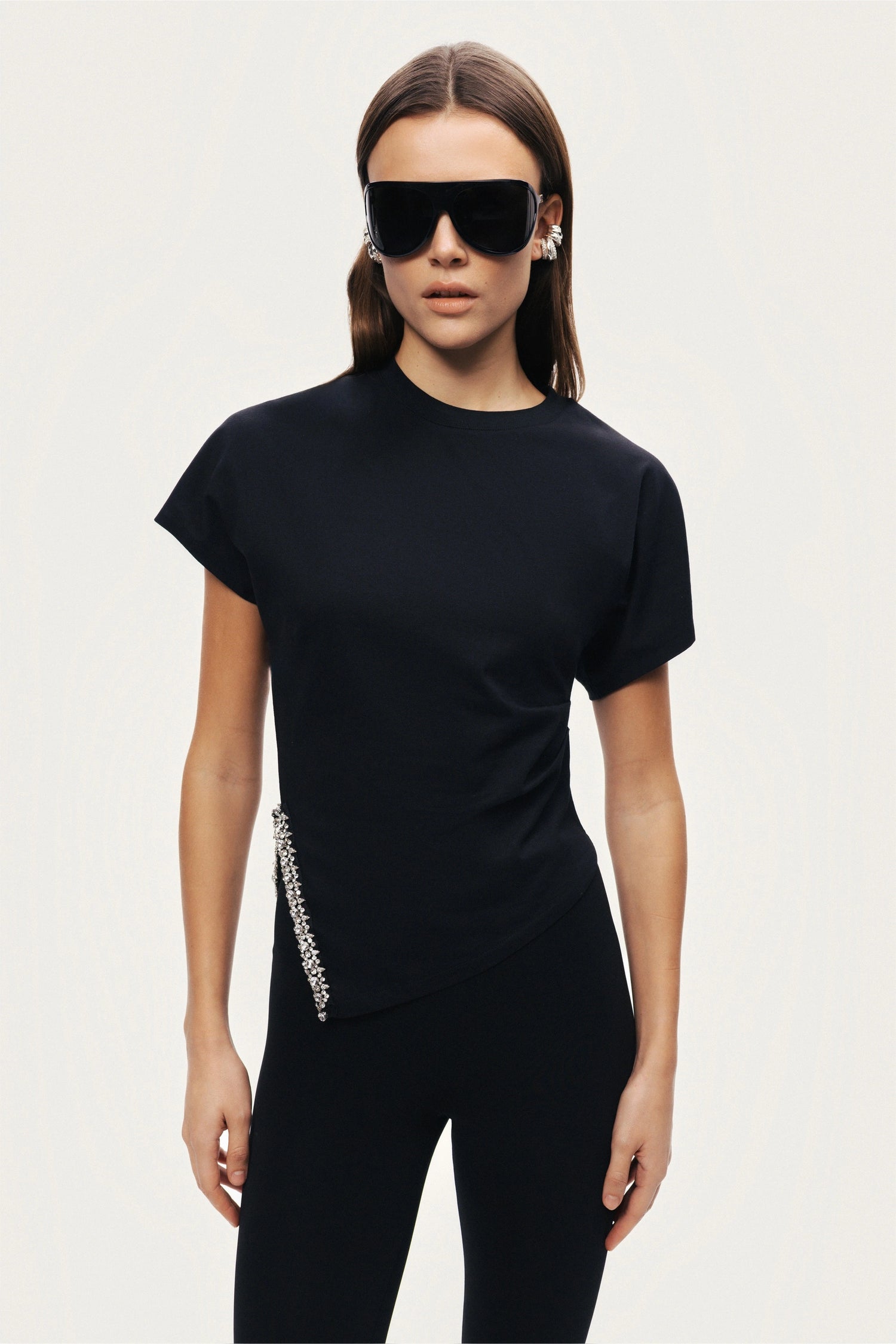 Black Embellished Asymmetric T-Shirt