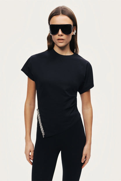 Black Embellished Asymmetric T-Shirt