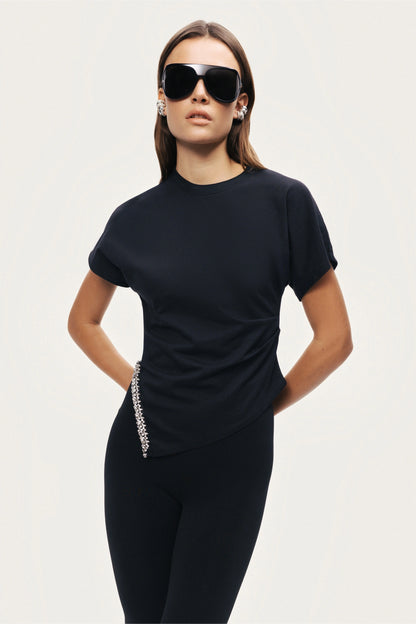 Black Embellished Asymmetric T-Shirt