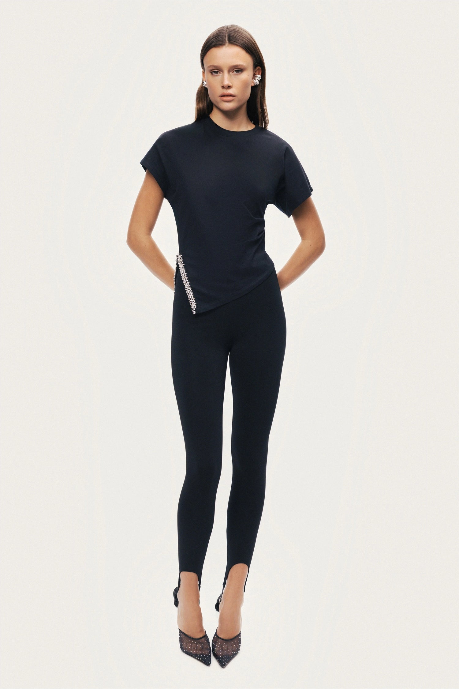 Black Embellished Asymmetric T-Shirt