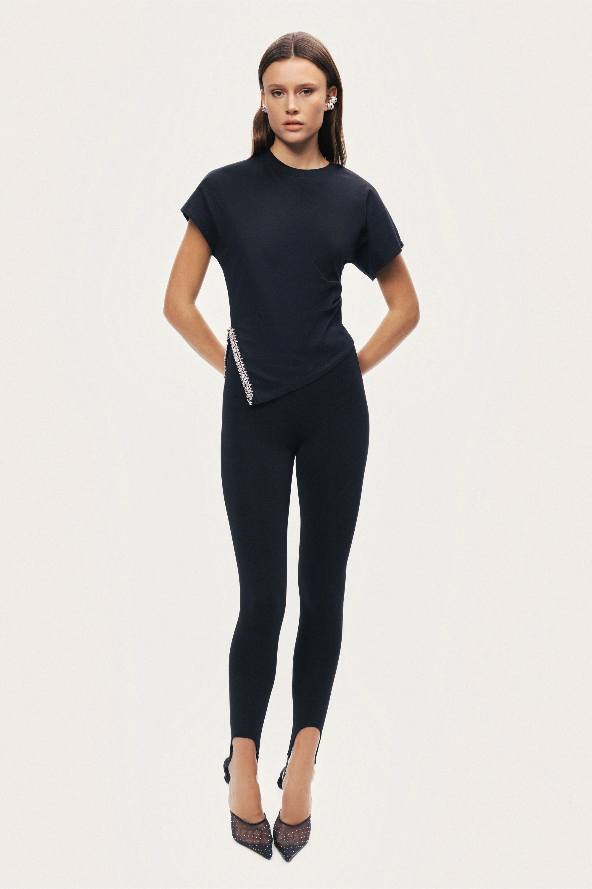 Black Embellished Asymmetric T-Shirt