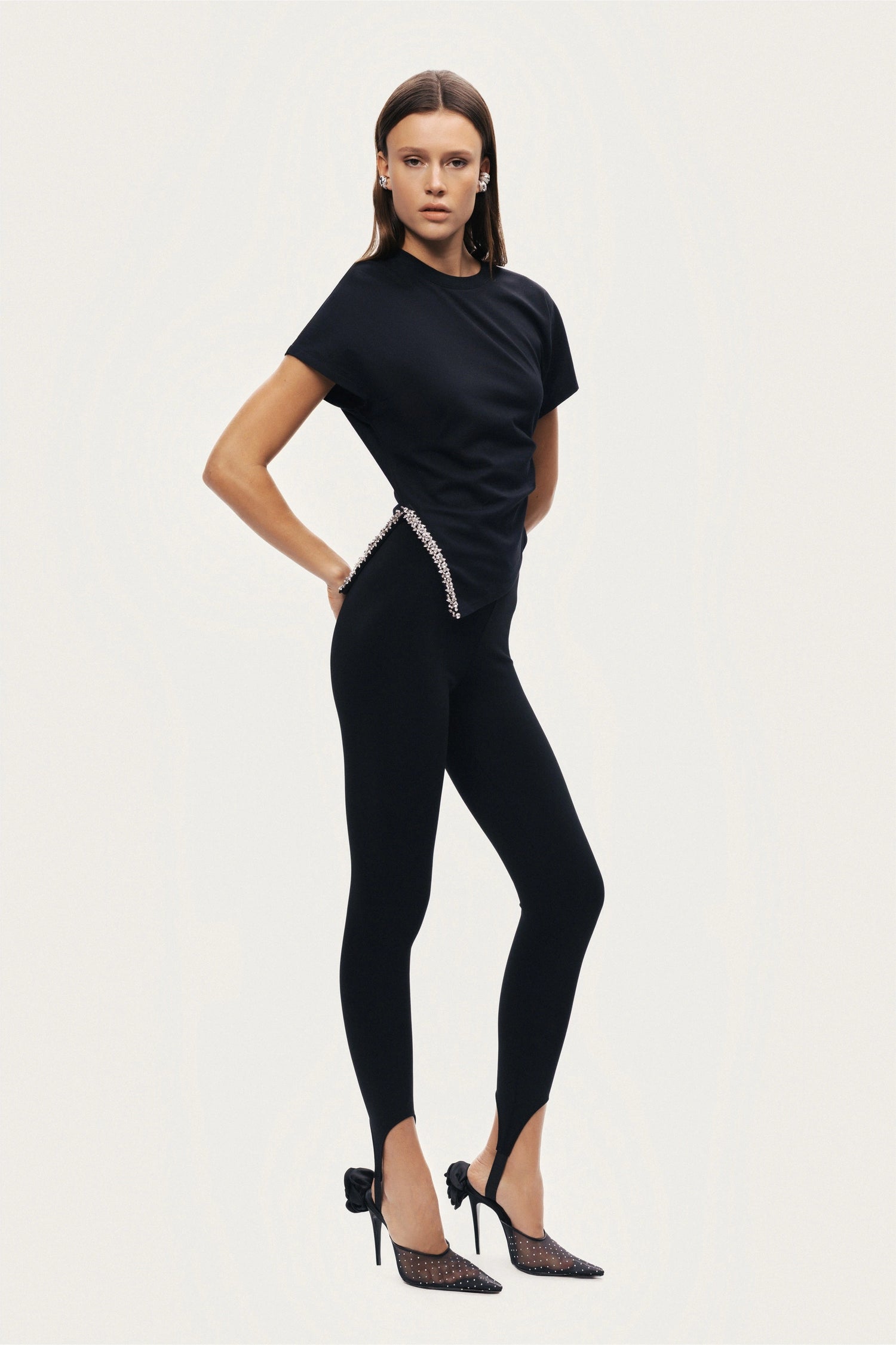 Black Embellished Asymmetric T-Shirt