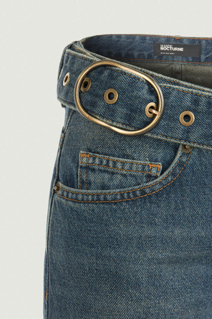 Belted Denim Flare Trousers