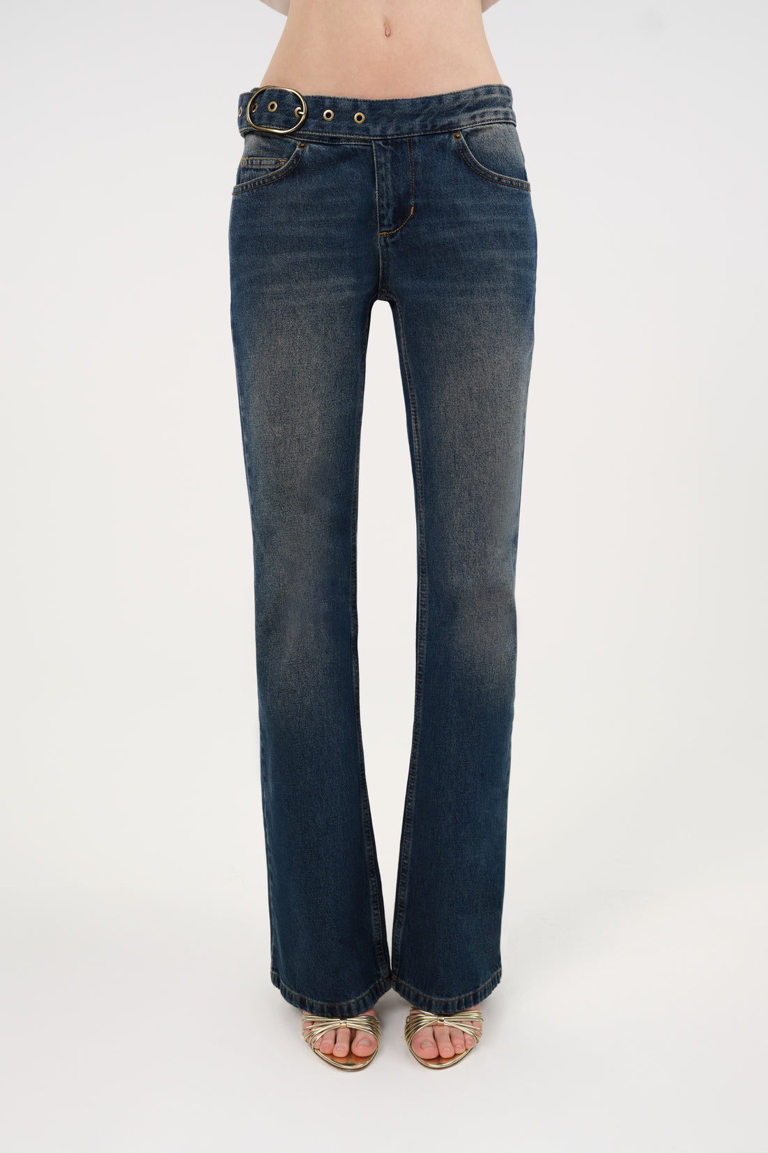 Belted Denim Flare Trousers