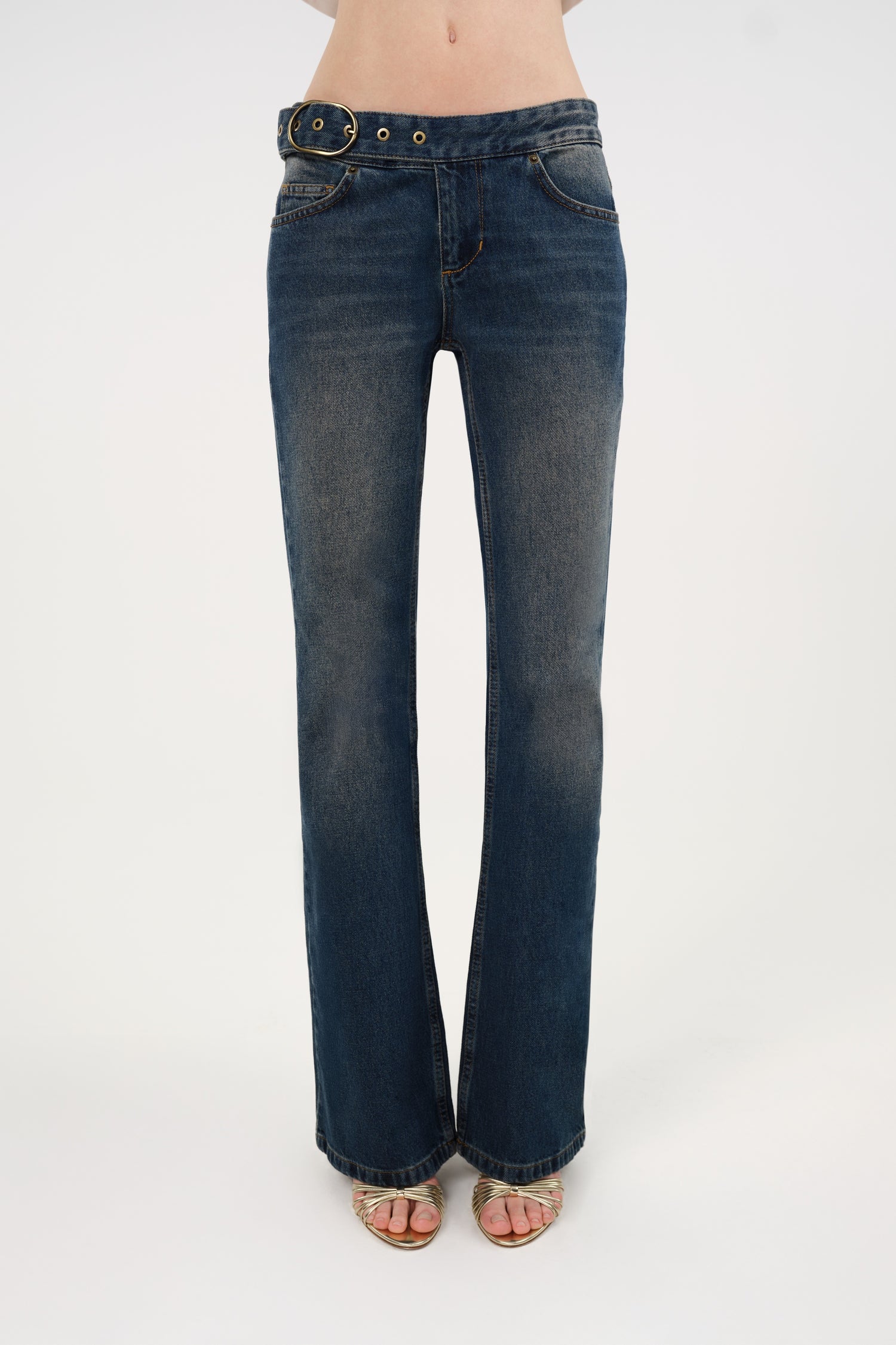 Belted Denim Flare Trousers