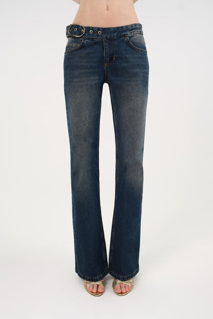 Belted Denim Flare Trousers