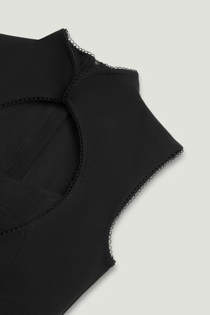 Black Braid-Trim Bustier Top with Built-In Bra