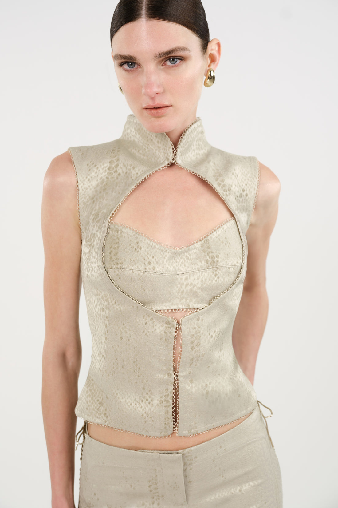 Braid-Trim Bustier Top with Built-In Bra