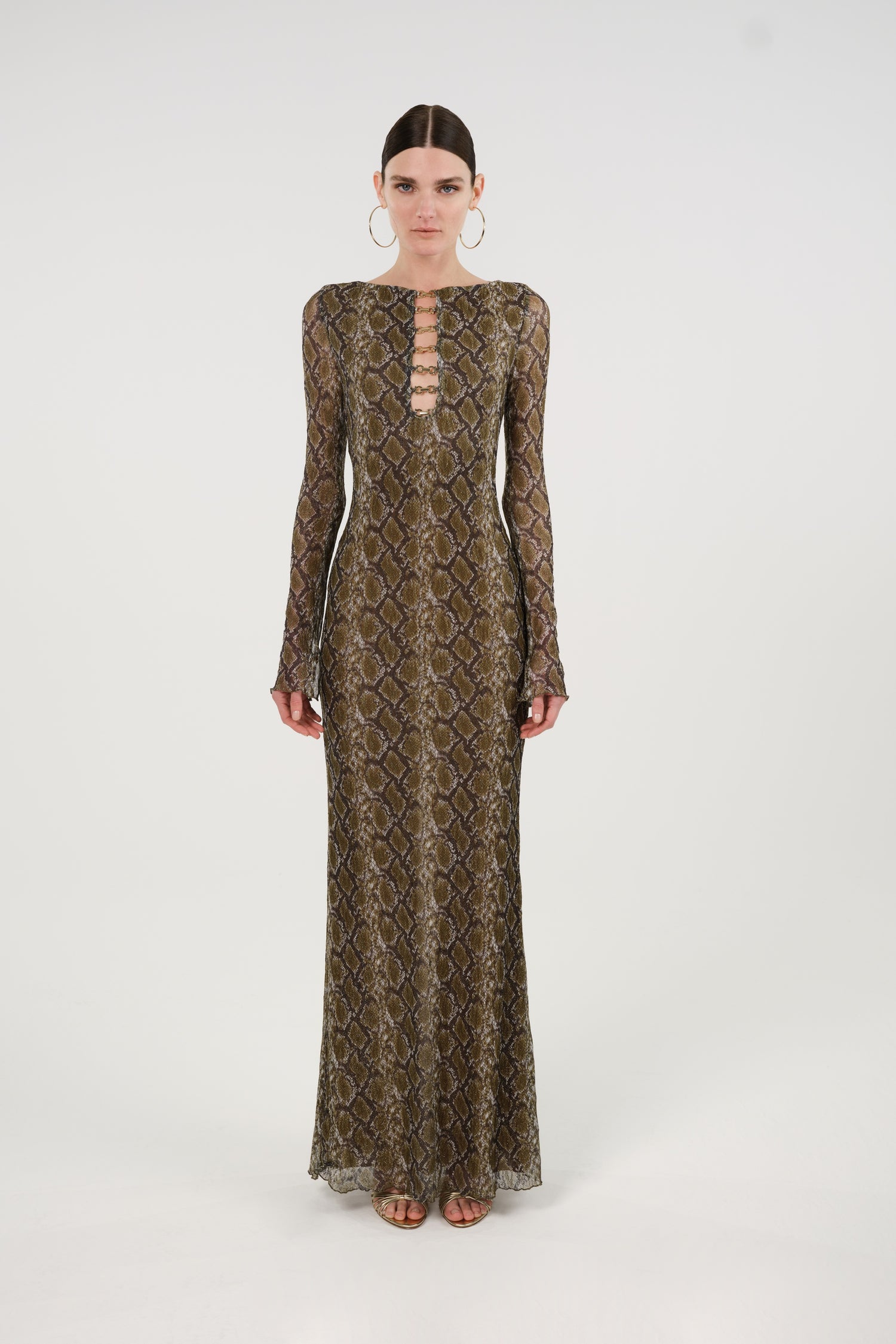 bronze snake long sleeve dress Alma Long Sleeve Dress Bone