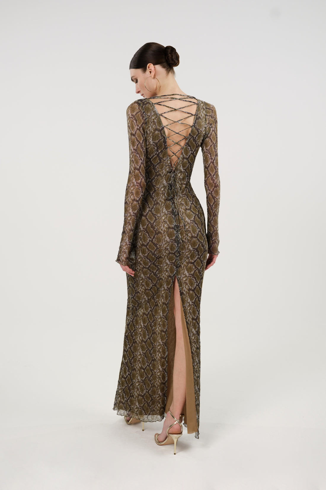 Snake Print Ring Detail Long Sleeve Maxi Dress