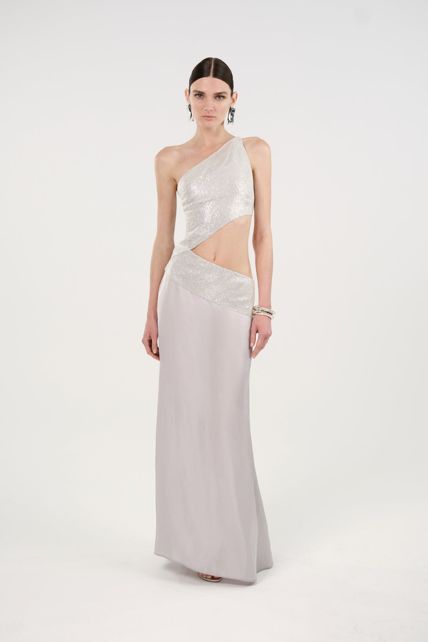 Sequin One-Shoulder Cutout Maxi Dress