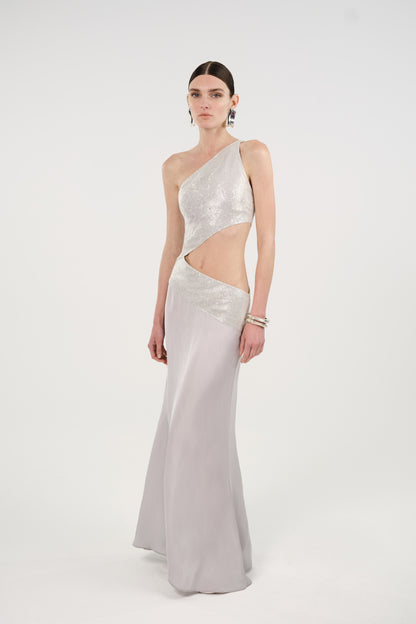 Sequin One-Shoulder Cutout Maxi Dress