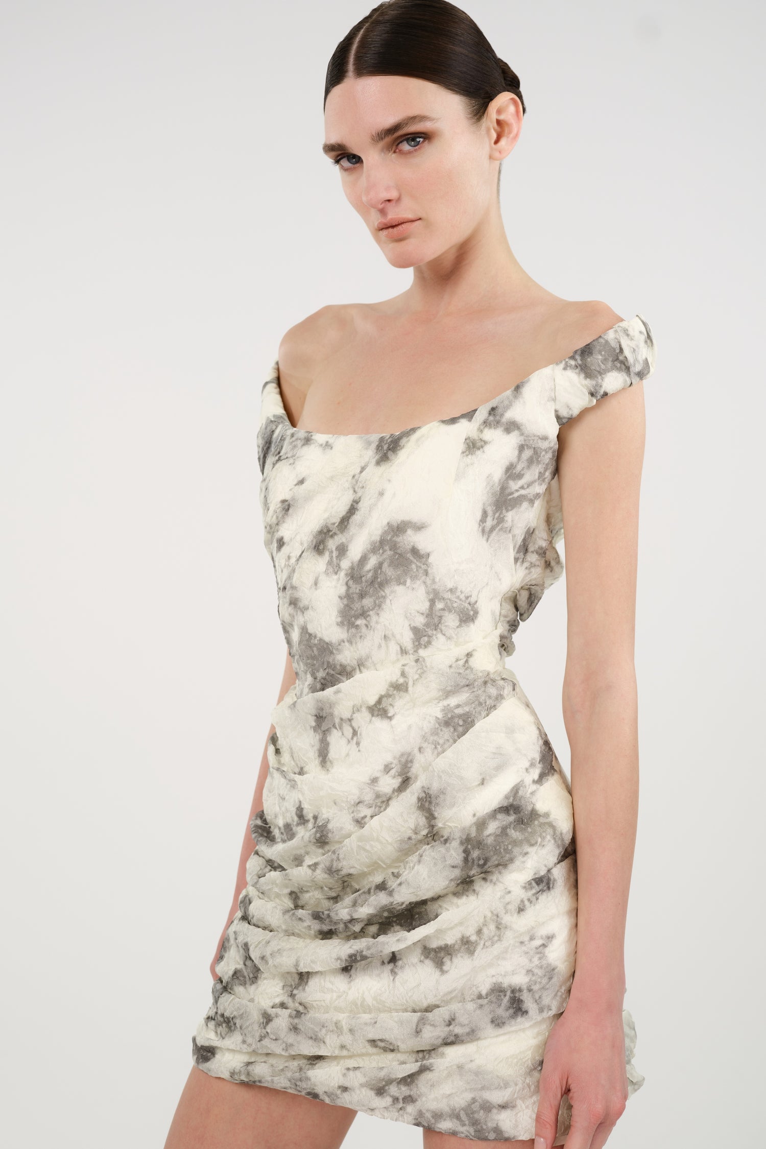 Abstract Print Off-Shoulder Ruched Mini Dress