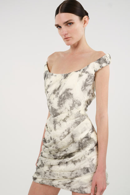 Abstract Print Off-Shoulder Ruched Mini Dress