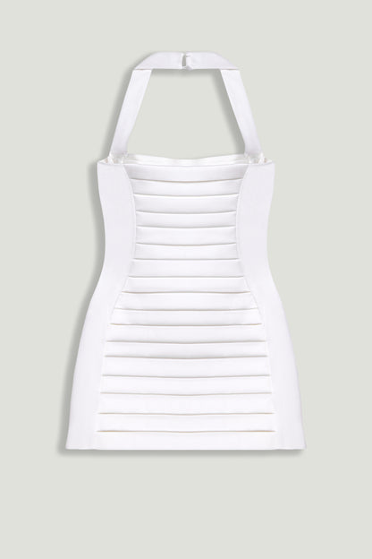 Halterneck Ruched Mini Dress with Gold Button Detail