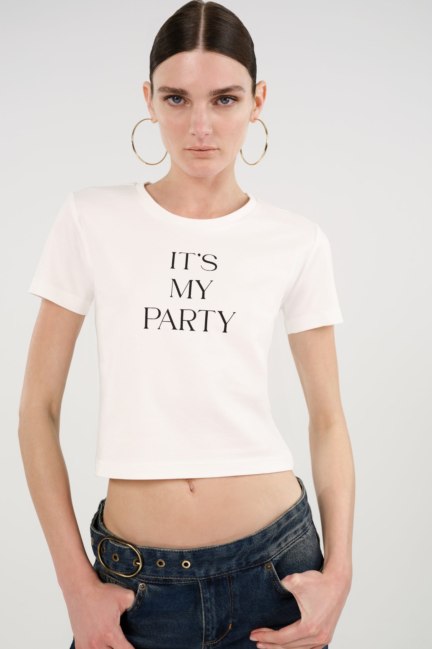 Crew Neck Cropped Slogan T-Shirt