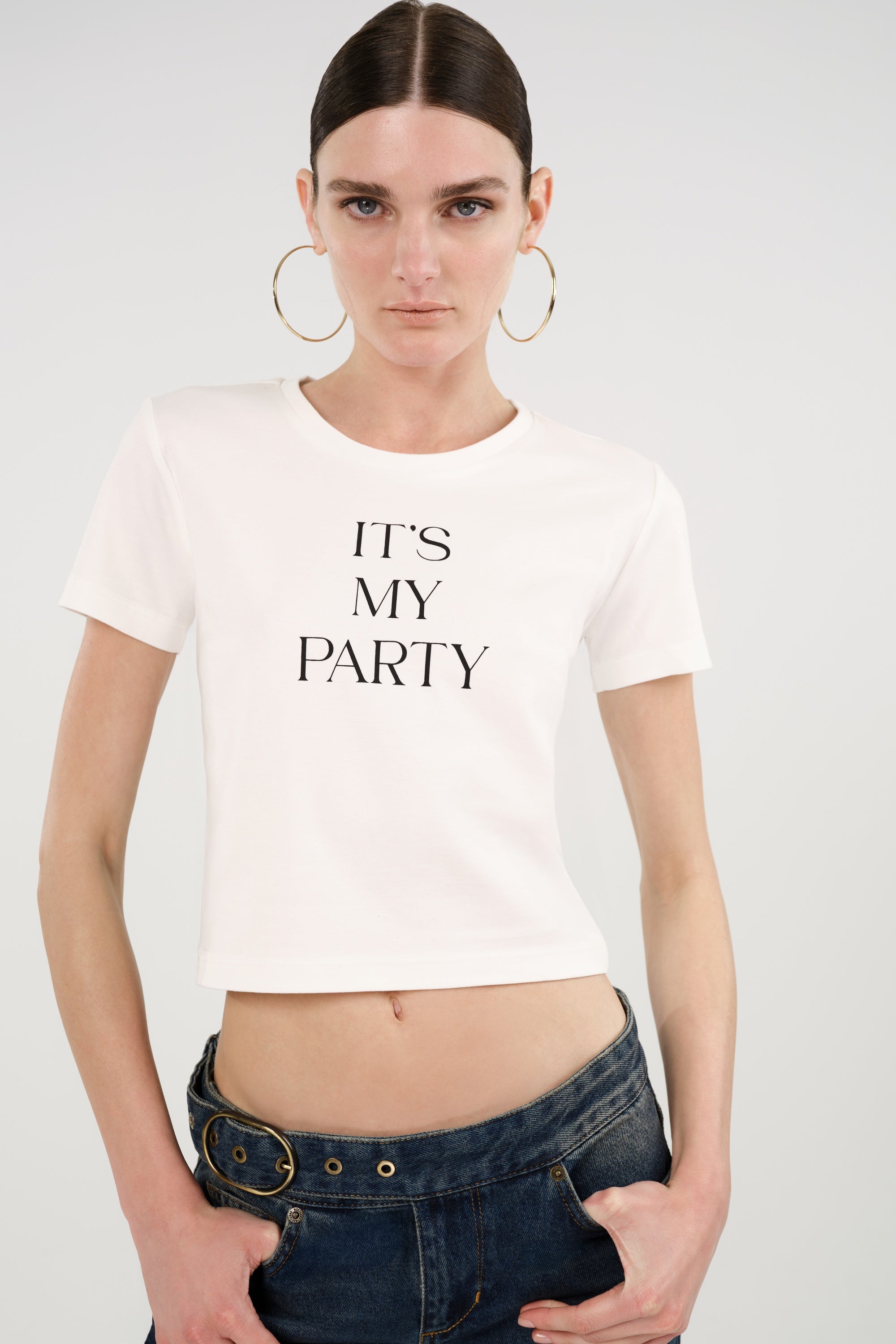 Crew Neck Cropped Slogan T-Shirt