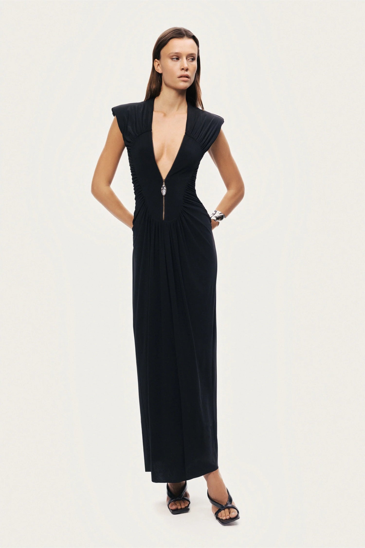 Ruched Deep V-Neck Maxi Dress – Nocturne