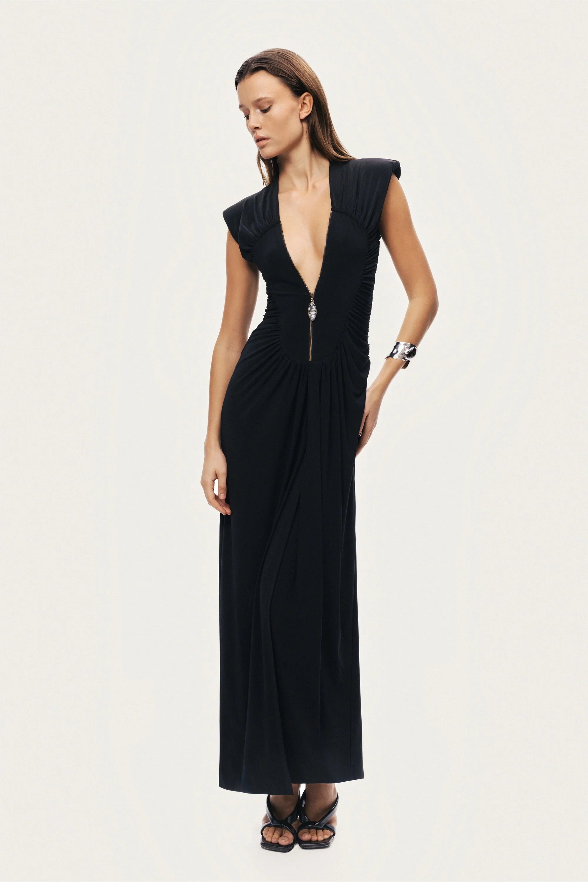 Ruched Deep V-Neck Maxi Dress