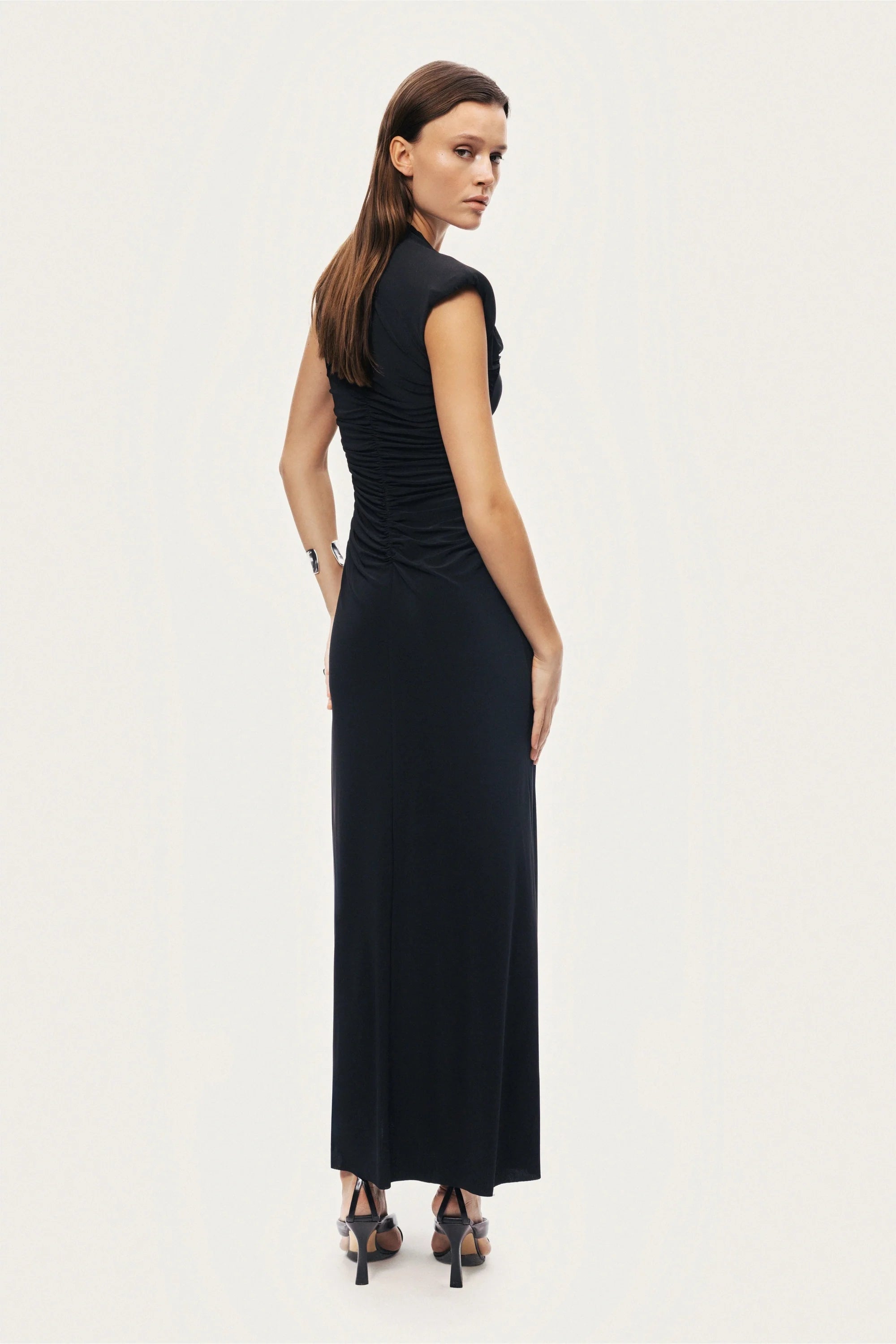Ruched Deep V-Neck Maxi Dress