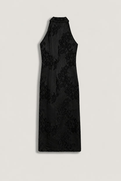 Jacquard Halterneck Midi Dress with Button Detail