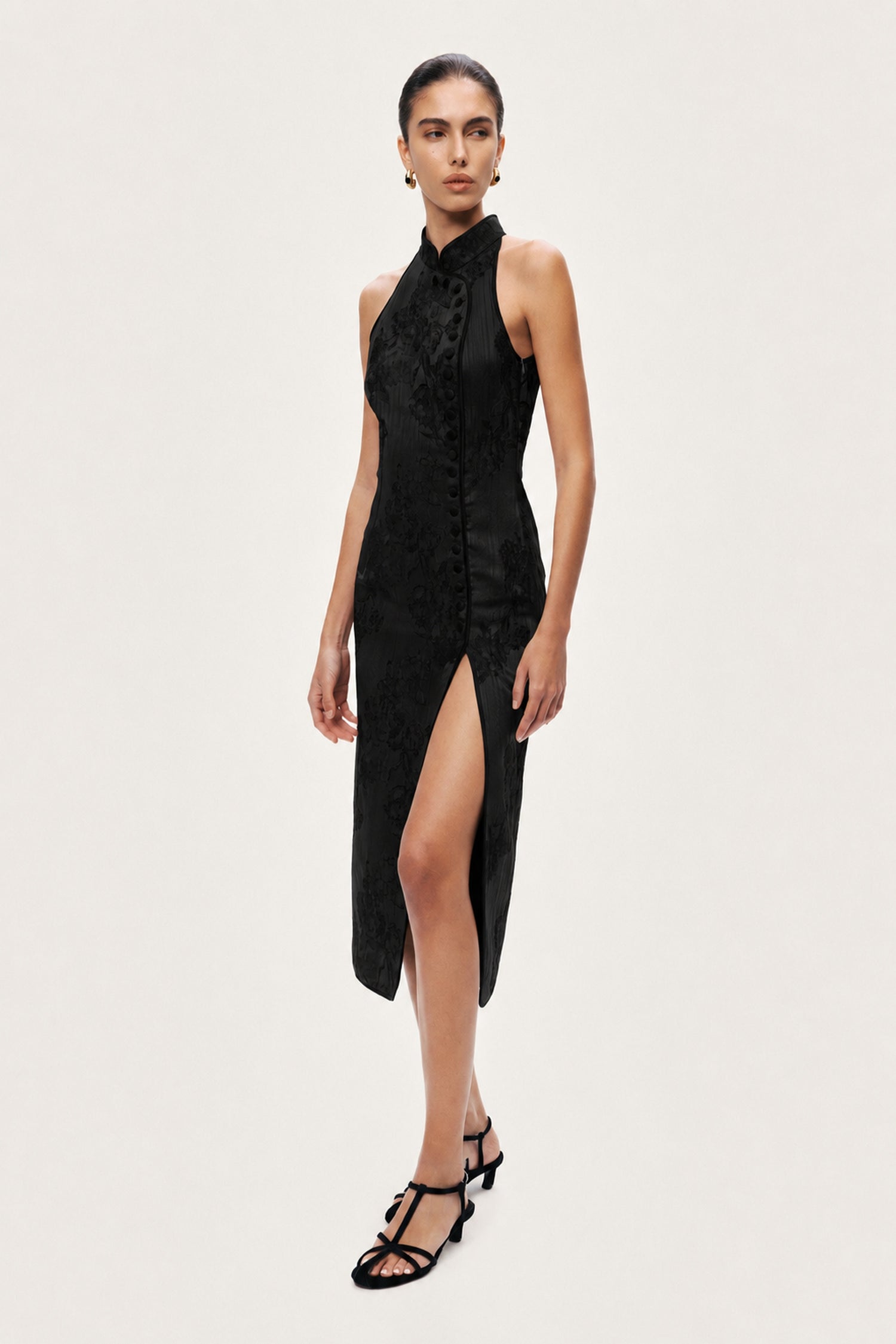 Jacquard Halterneck Midi Dress with Button Detail