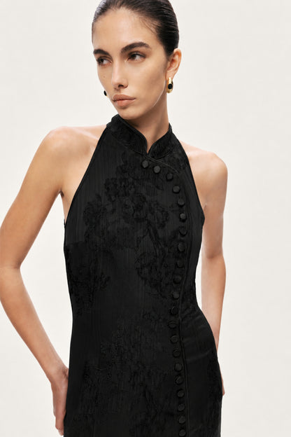 Jacquard Halterneck Midi Dress with Button Detail