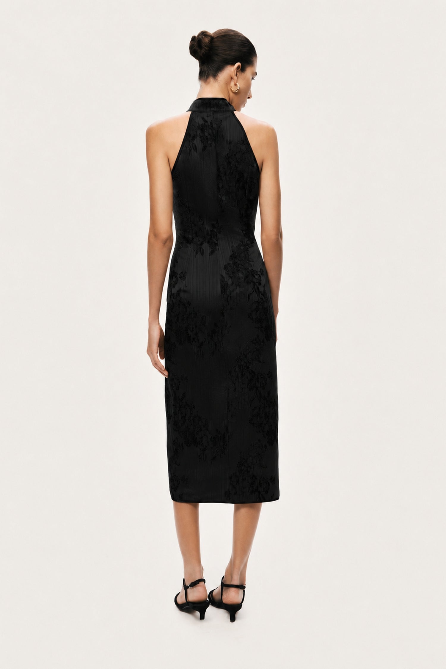 Jacquard Halterneck Midi Dress with Button Detail