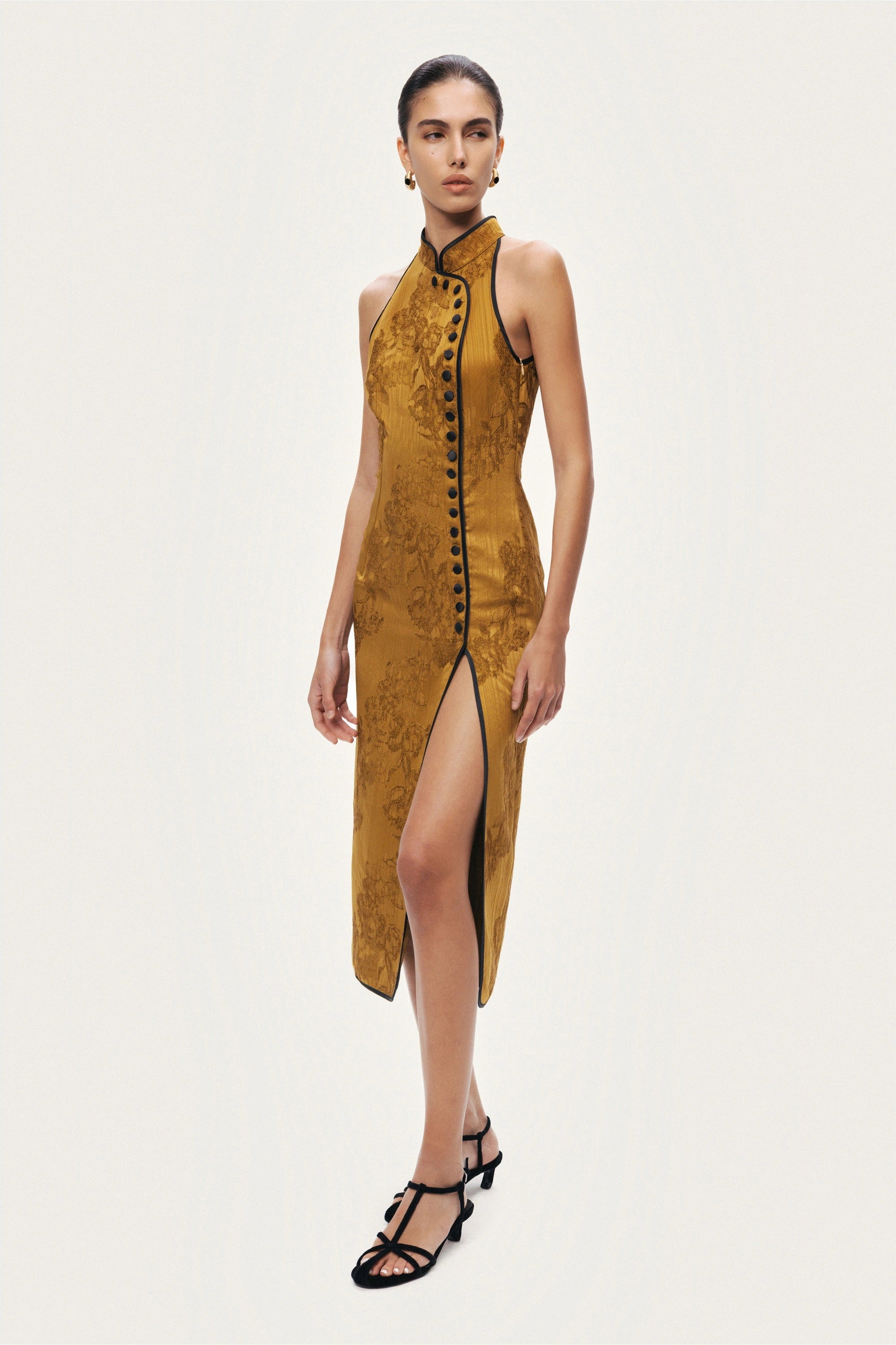 High-Neck Button-Detail Midi Dress