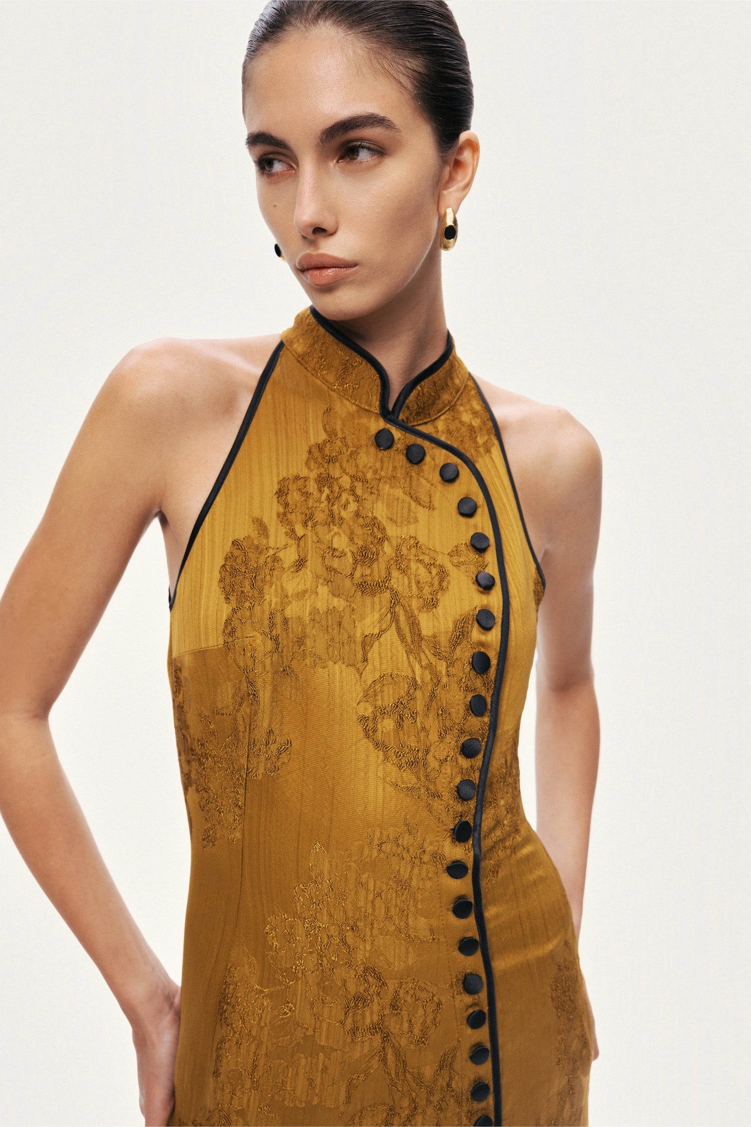 High-Neck Button-Detail Midi Dress