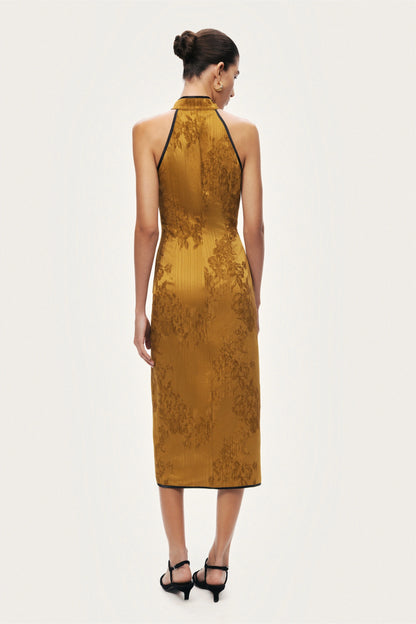 High-Neck Button-Detail Midi Dress