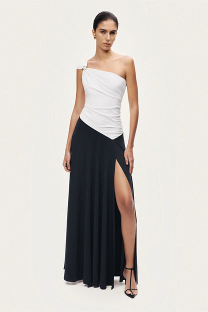 One-Shoulder Contrast Maxi Dress