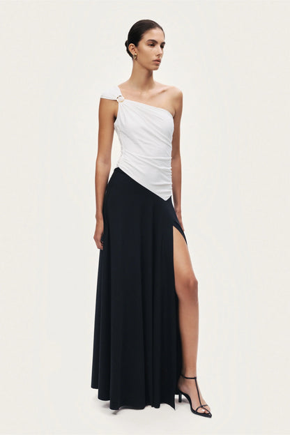 One-Shoulder Contrast Maxi Dress