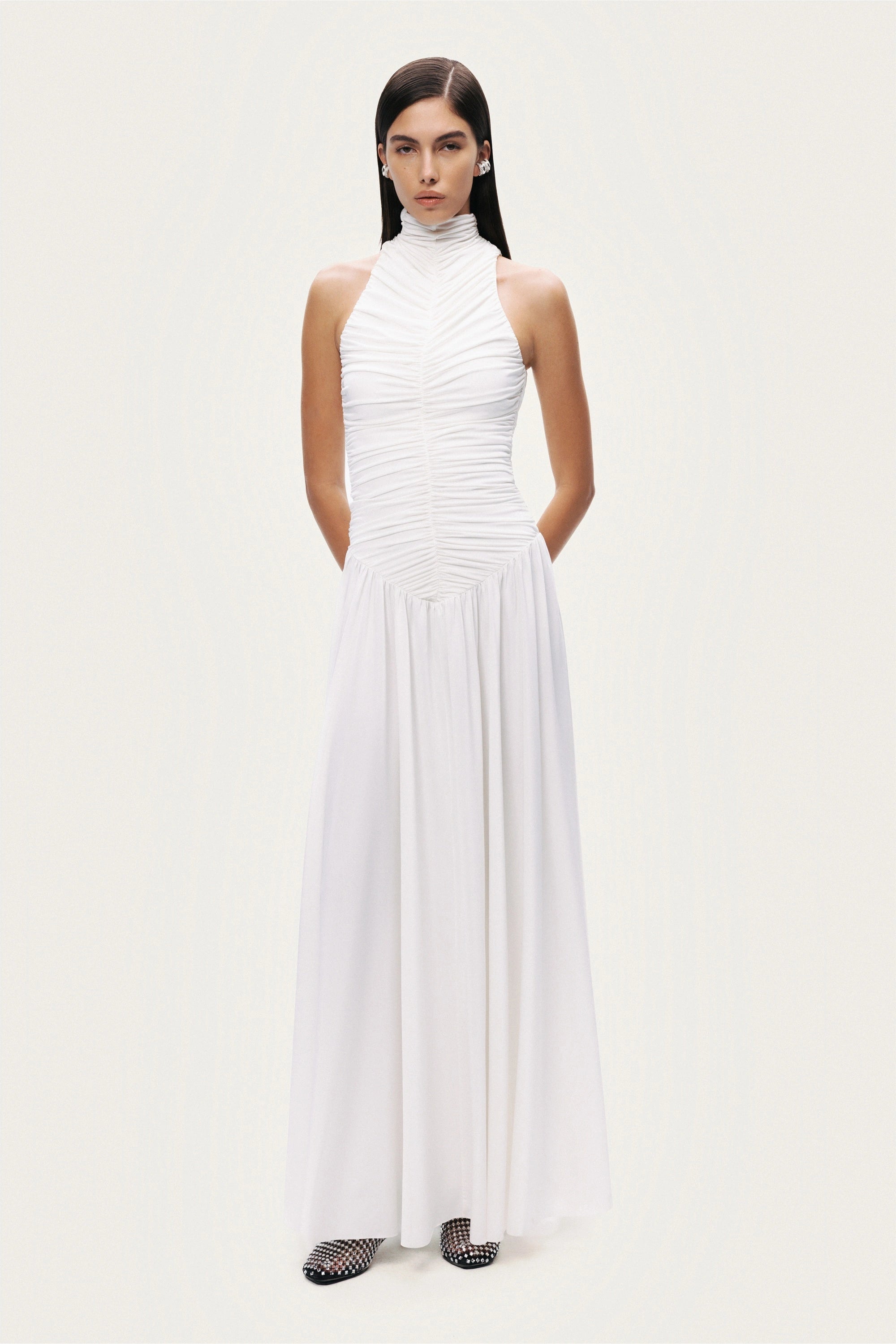 Ruched High-Neck Maxi Dress